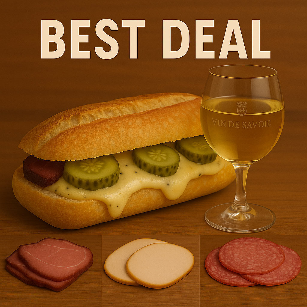 Menu : Le Truffe (jambon ou salami ou poulet) + Vin blanc de Savoie AOC (caution du verre incluse)